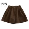 Pantaloni scurți din velur vintage pentru femei, cu talie înaltă elastică, cu fermoar, cu nasturi, pantaloni scurți cu buzunare, pantaloni scurți cu picioare late