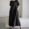 Summer Cotton Linen Dress for Women Short Sleeve Crew Neck A-linen Swing Dress Casual Loose Flowy Beach Sundress with Pockets