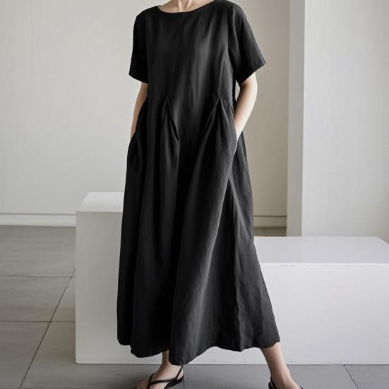 Summer Cotton Linen Dress for Women Short Sleeve Crew Neck A-linen Swing Dress Casual Loose Flowy Beach Sundress with Pockets