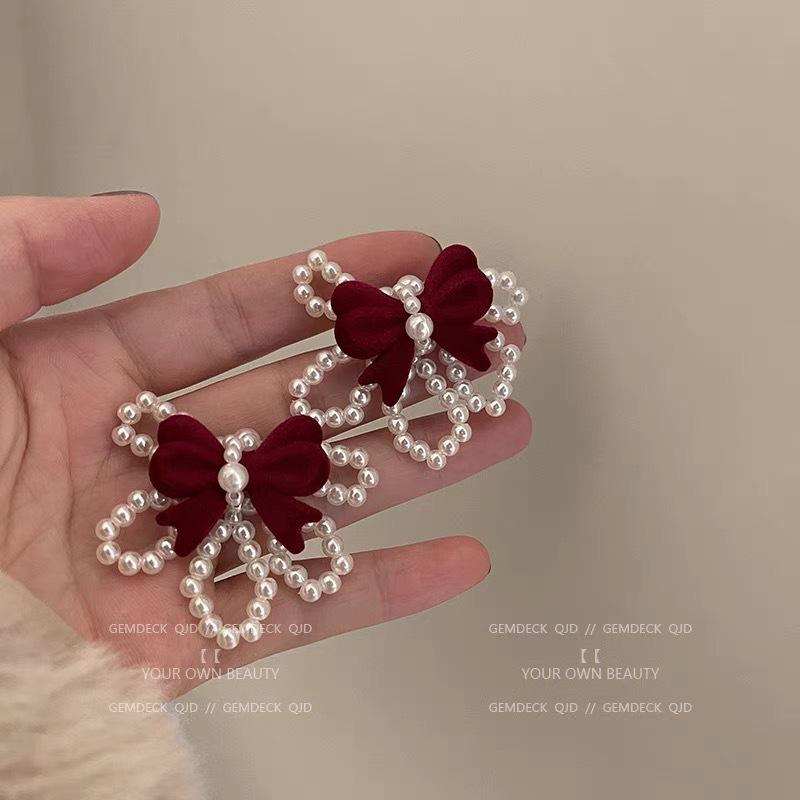 New burgundy flocking bow pearl earrings stud earrings bridal wedding show clothes earrings earrings