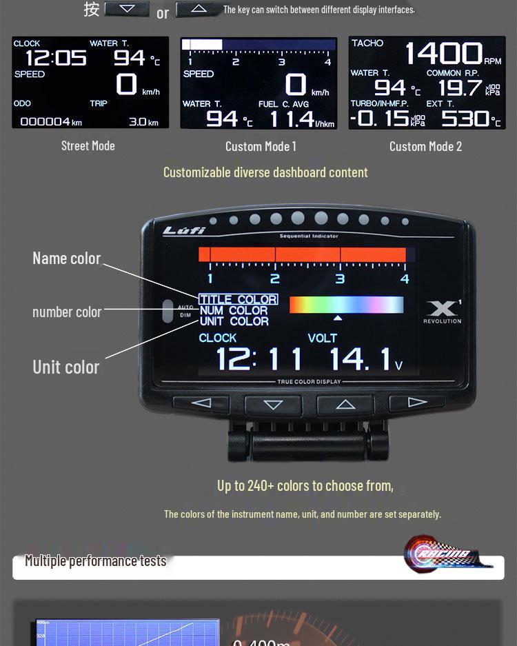 LUFI X1 Car Multifunctional OBD Gauge: Air-Fuel Ratio, RPM, Oil/Exhaust Temp, Voltage, Water Temp, Turbo Pressure.