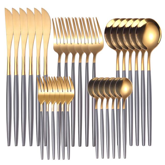 30pcs Gold Dinnerware Set Stainless Steel Steak Knife Fork Coffee Spoon Teaspoon Flatware Dishwasher Safe Kitchen Tableware Set