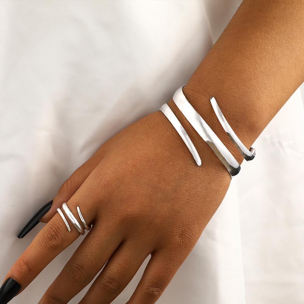Smooth Bracelet and Ring Set Exaggerated Open Bangle Jewelry  for Party, Daily Wear