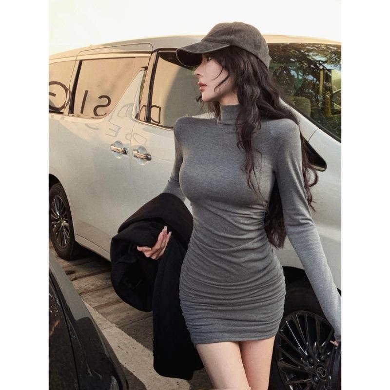 Vestido Feminino Spice Girl Gola Alta Manga Longa Temporada Slim Fit Saia Envelope no Quadril Saia Interna Saia Curta Desejo Puro