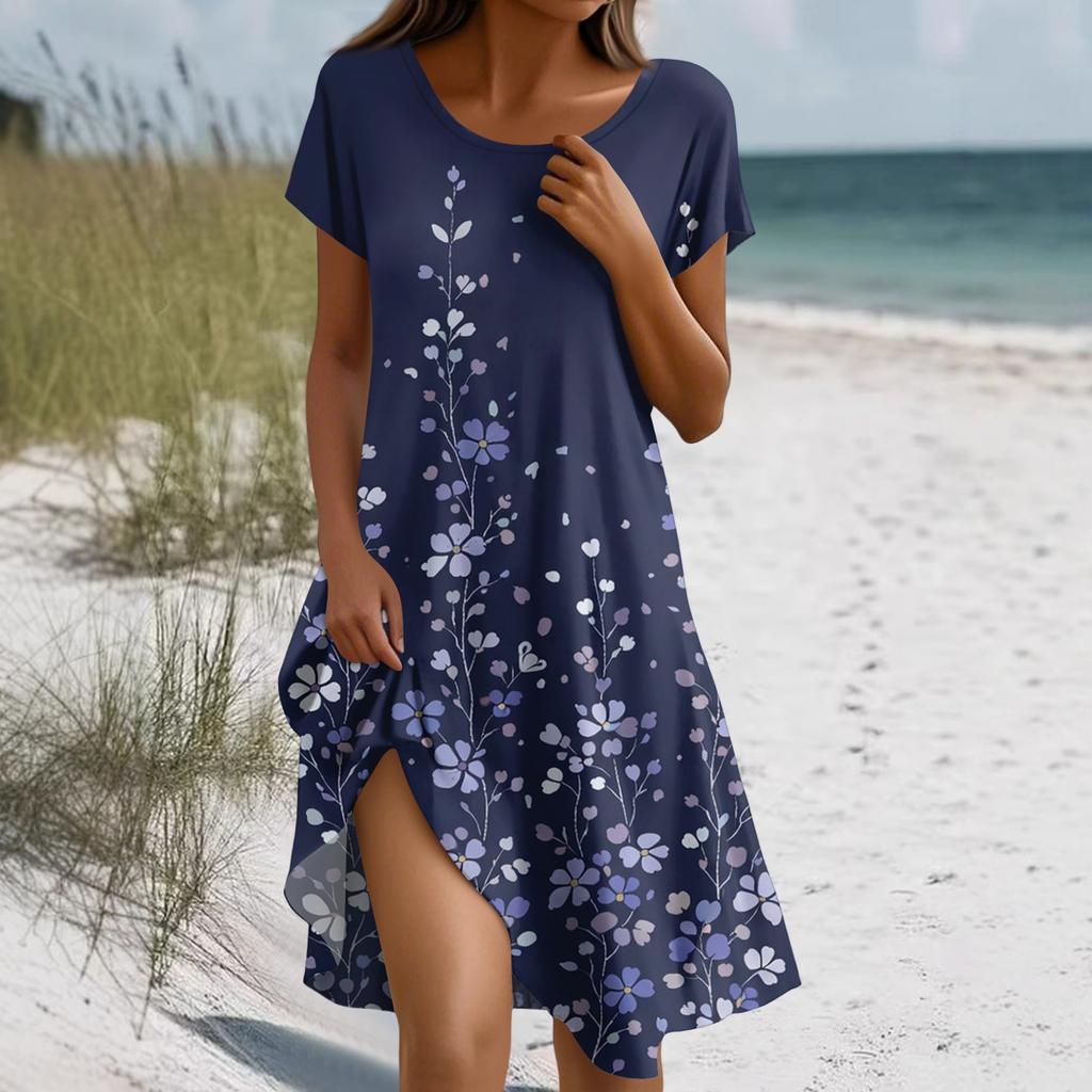 Short Sleeve Boho Dress For Women Casual Loose Fit Summer Sundress Floral Print Dress With Pockets