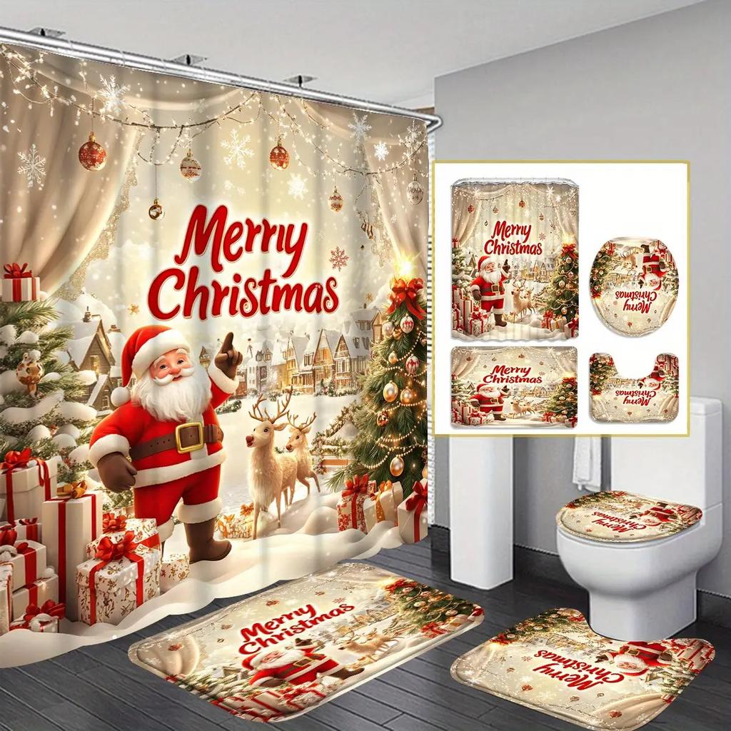 4Pcs Bathroom Shower Curtain Set  Christmas Santa Pattern Bathroom Curtain With 12 Hooks Non Slip Rugs Toilet Cover Mat Bathroom Partition