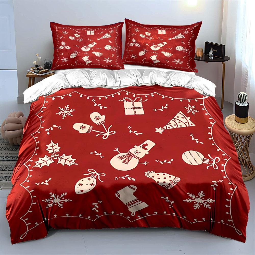 Christmas Snowman Red Prints Bedding Duvet Cover Set Duvet Cover Pillowcases  (1*Duvet Cover 2*Pillowcases, without duvet insert)