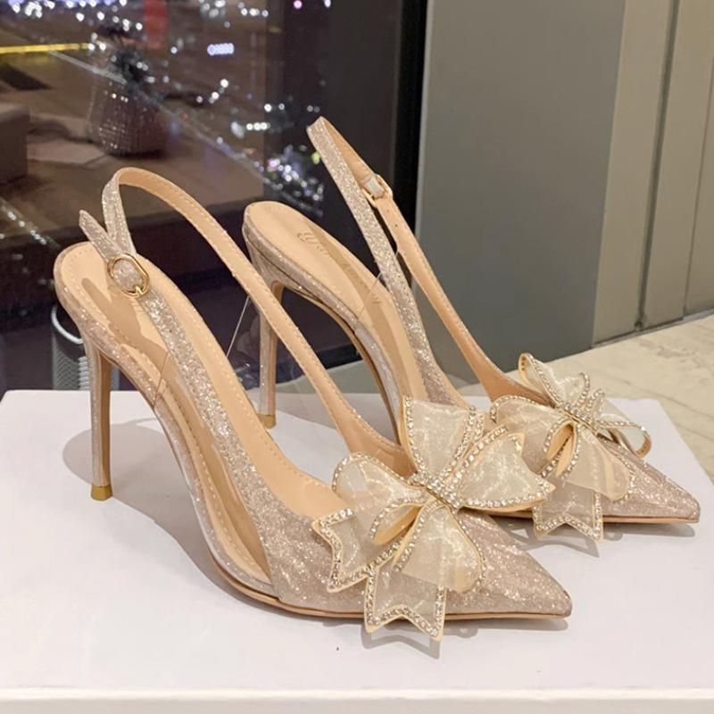 

Туфли на каблуках с хрустальными бантами, французские босоножки на высоком каблуке Backspace, блестящие туфли-лодочки с бантом для подружек невесты 40