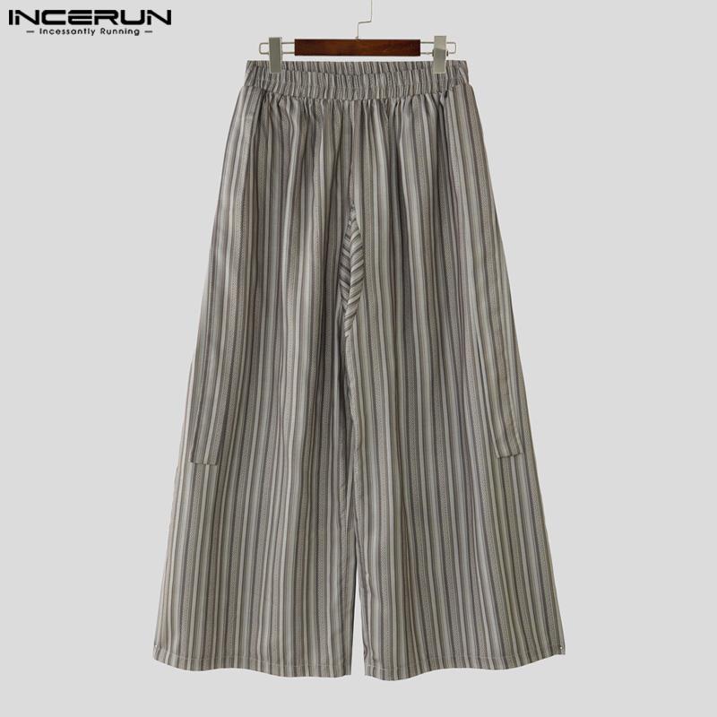 INCERUN Vintage Men Elastic Waist Striped Casual Loose Long Wide Legs Pants