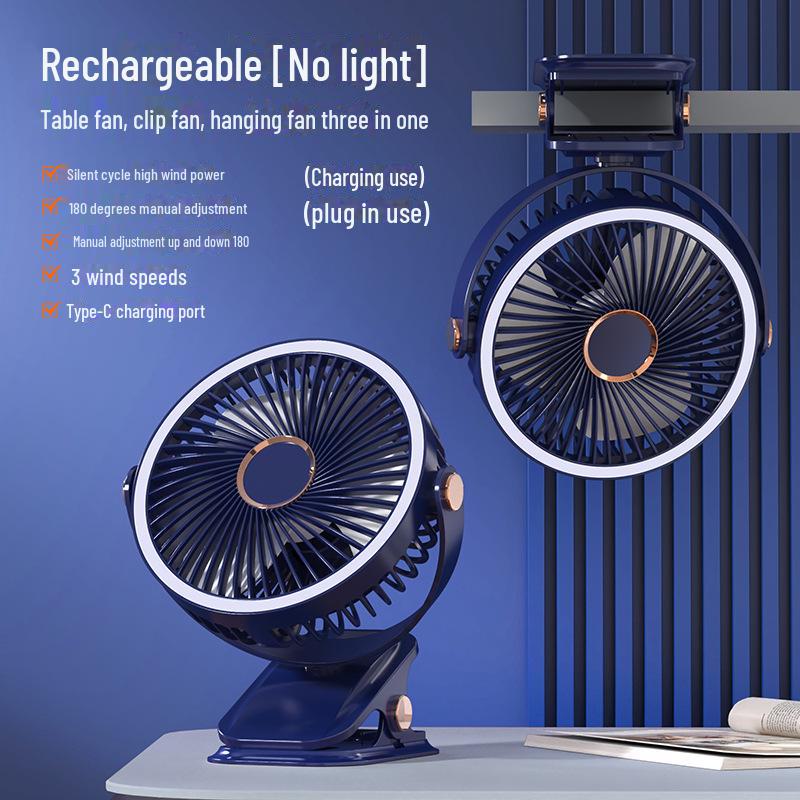 Rechargeable USB Clip Fan with Desk Lamp - Large Battery, Portable for Student Dormitories