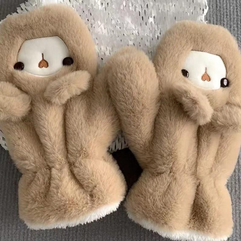 Plush Bear Hat Gloves Set Women Fleece Lined Warm Earflap Trapper Winter Outdoor