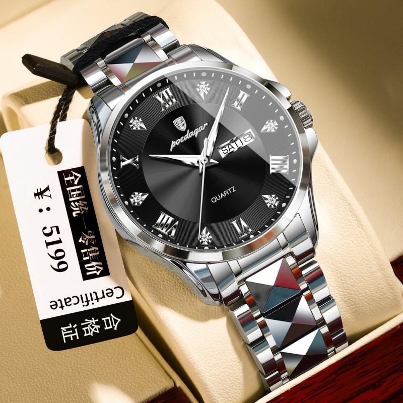 Mens Luxury Dual Calendar Quartz Watch With Luminous Hands Date Day Display Stainless Steel Band 42mm Round Dial