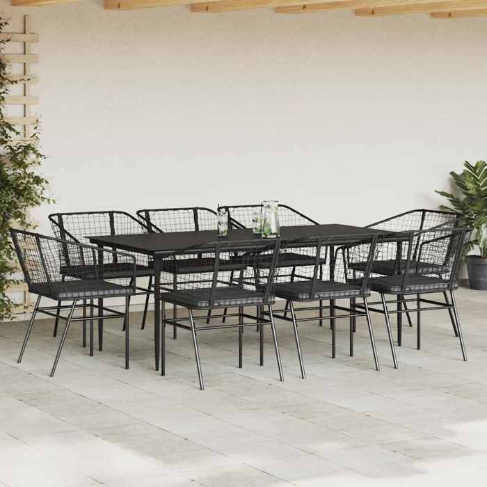 VidaXL Ensemble à manger de jardin coussins 9pcs noir poly rotin verre 3334505