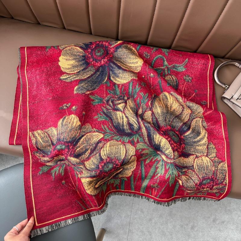 New plant flower scarf autumn and winter thickened retro oil painting scarf women's versatile imitation cashmere shawl