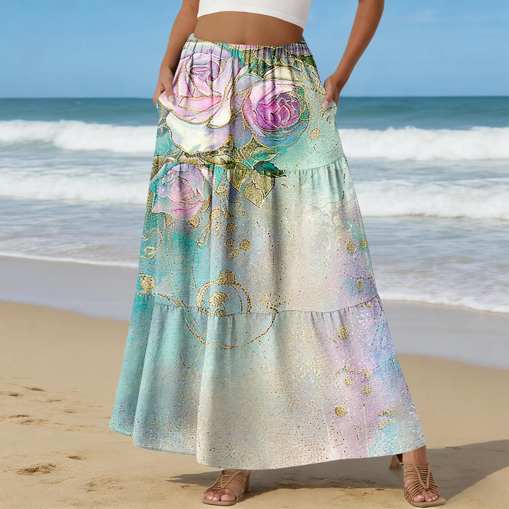 Damen Casual High Waist Kordelzug A-Linien Rock Farbiger Rock Mit Taschen