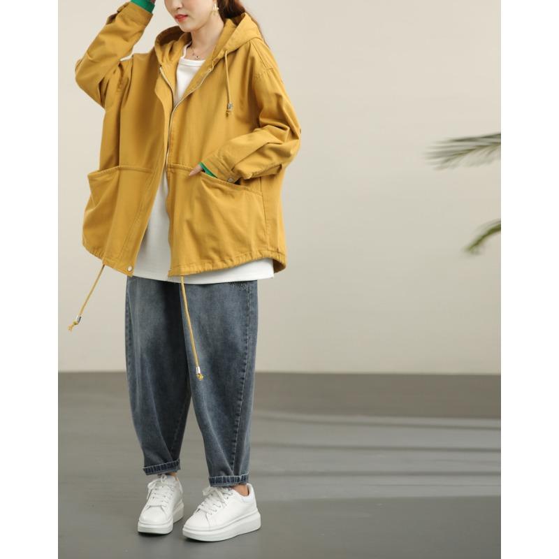 DIMANAF 2023 Femmes Longueur Coupe-Vent femme Grande Irrégulière Coréenne Ample À Capuche Mode Jaune Grande Taille Point Ouvert