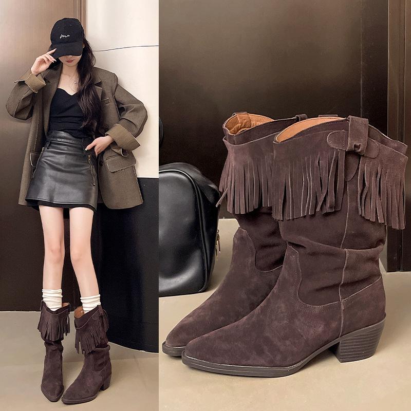 Lederversion~ Französische spitze Quaste hochhackige Stiefeletten 2025 Herbst neue mittelhohe Stiefel Innenhöhe erhöht Western-Cowboystiefel