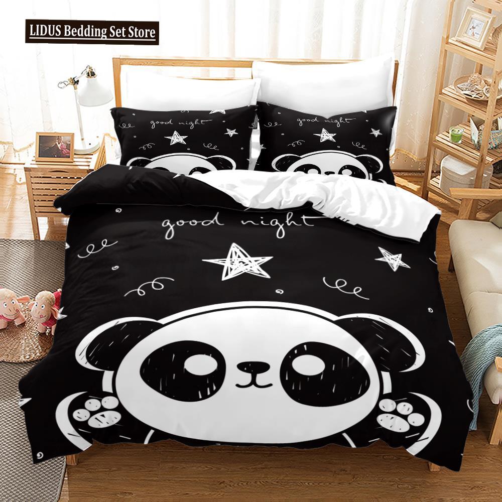 3D Panda Duvet Cover Set King Size Cute Panda Bamboo Bedding Set Black White Bear Polyester Quilt Cover For Boy Kid For Bedroom