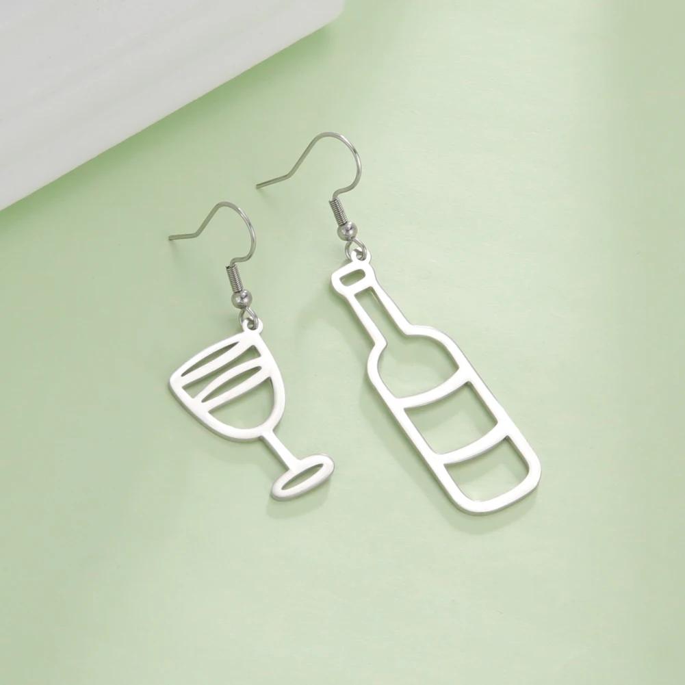 Red Wine Bottle Wine Glass Earrings Asymmetrical Creative Unusual Drop Earring For Women Stainless Steel Jewelry Gift