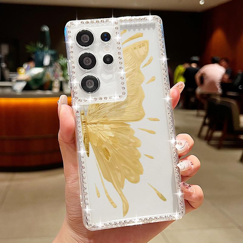 Butterfly Pattern Clear Phone Case For Samsung S25 Ultra S24 FE S23 S22 A56 A36 A16 A15 A55 A35 Diamond Frame Shockproof Soft Silicone Cover