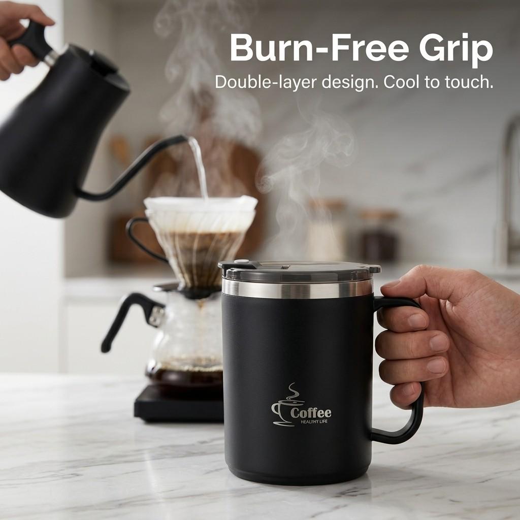 Insulated Travel Coffee Mug with Handle 304 Stainless Steel Thermal Tumbler Leakproof Tea Cup Portable Lid Strainer Spoon