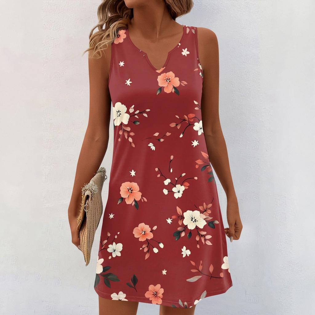 Women Summer Dresses V-Neck Print Sleeveless Sundress Casual Dress