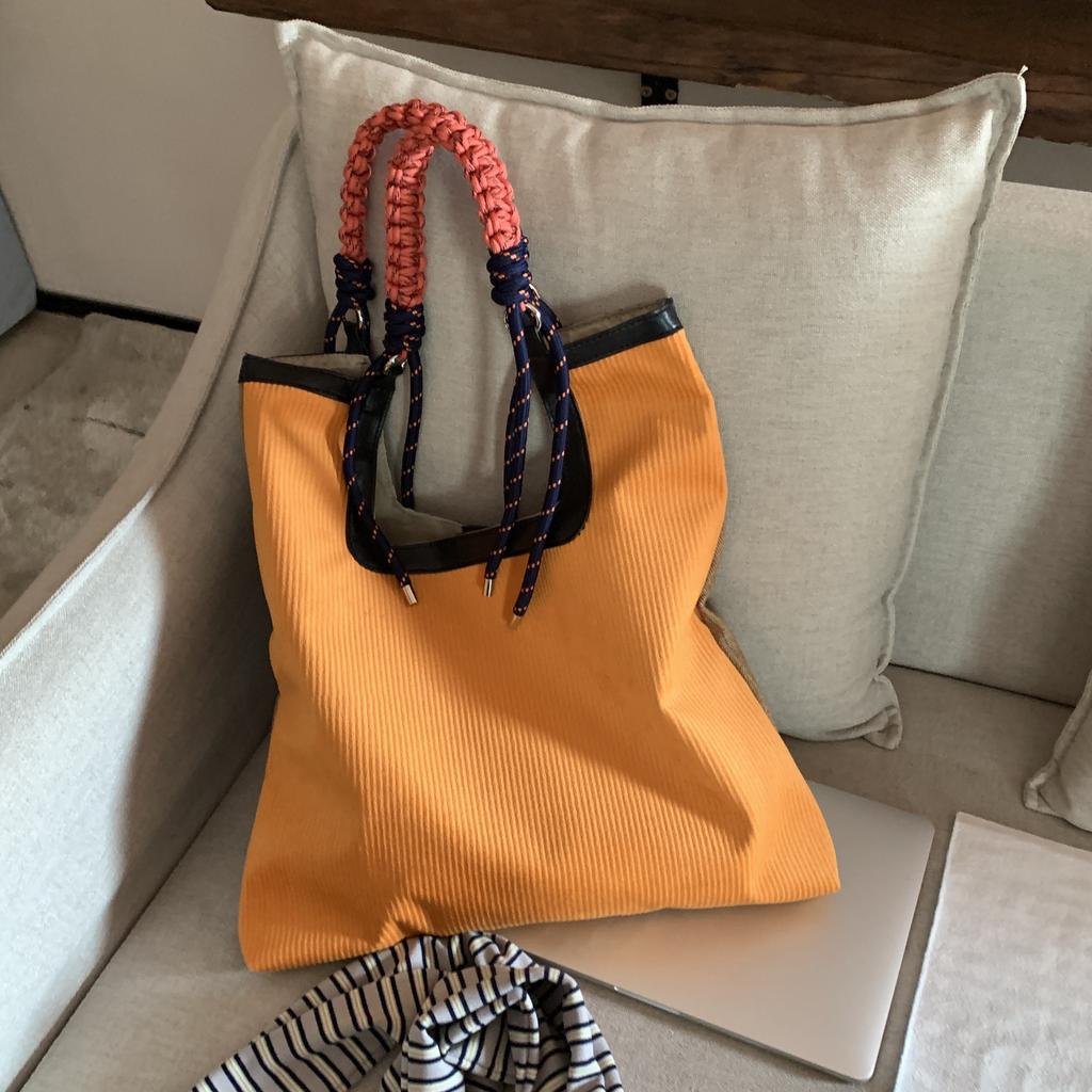 French Niche Retro Ginger Yellow Corduroy Woven Handbag Korean Style Large Capacity Patchwork Shoulder Tote Bag for Women