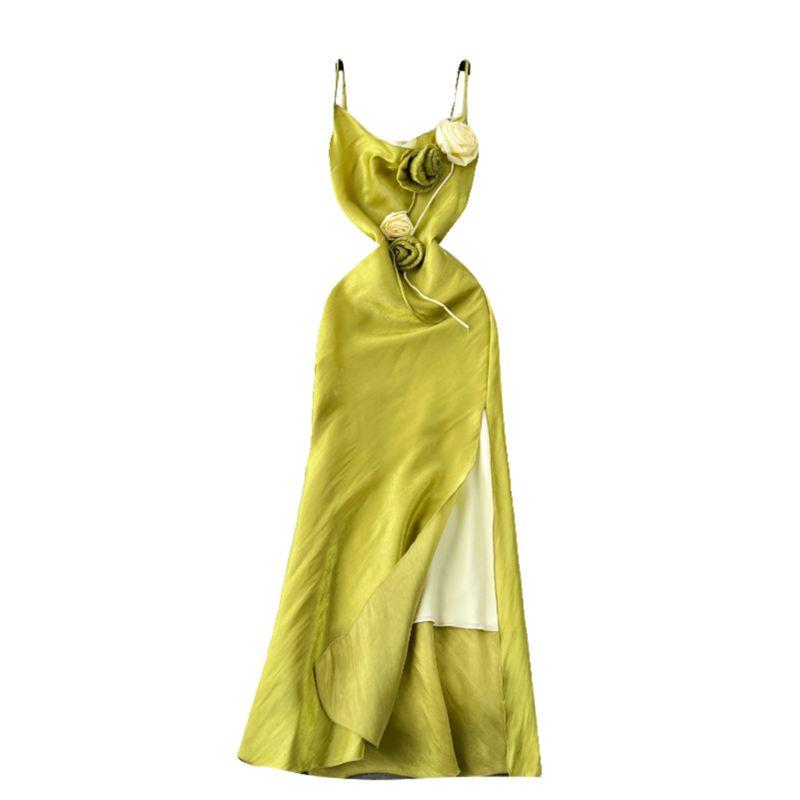 High-End Light Luxury Niche Three-Dimensional Flower Slim-Fit Long Sexy Split over-the-Knee Suspender Dress for Women