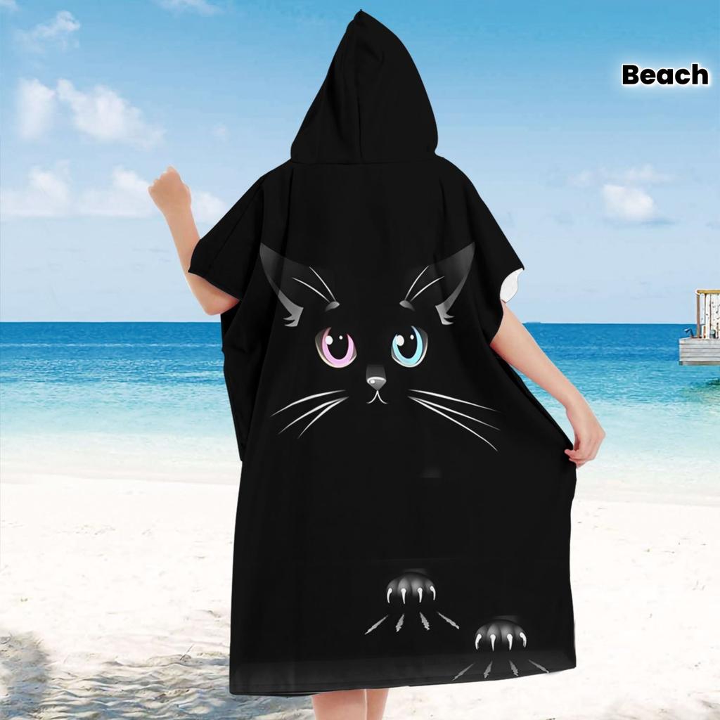 Heterochromia Black Cat Hooded Towel Flat Print Microfiber Changing Robe for Swimming Beach Pool Poncho for Children Adults