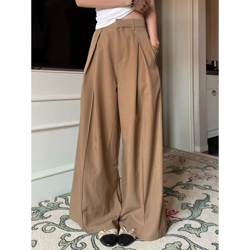 Kumikumi Fancy Beige Apricot Single-Breasted Strap Trench Coat Outwear Women's Autumn Loose Casual Pants Two-piece Set