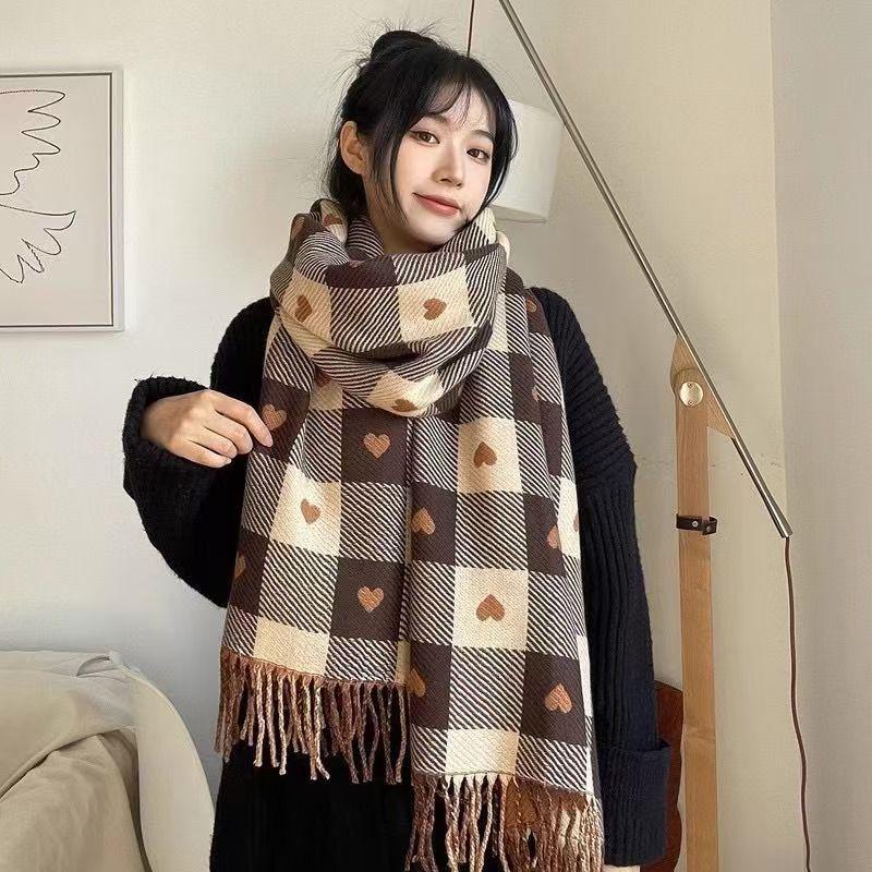 Autumn/Winter Plaid Heart Imitation Cashmere Scarf - Trendy Korean Style for Couples & Students