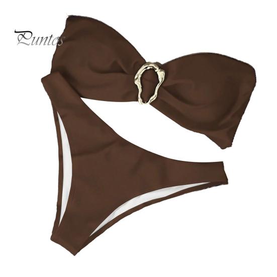 

Женский комплект бикини с металлическим кольцом и высокой талией, двухсекционный купальник, сексуальный купальник с вырезом на шее для пляжной вечеринки S коричневый