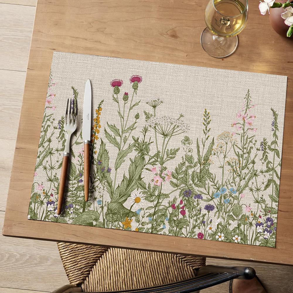Wildflower Vinyl Placemats Washable Non-Slip Plastic PVC Table Mats for Spring Party Kitchen Dining Decor, 12x18 Inch