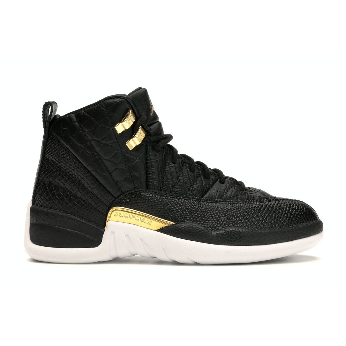 

Женские кроссовки Air Jordan 12 Retro Reptile черный металлик-золото-белый AO6068-007