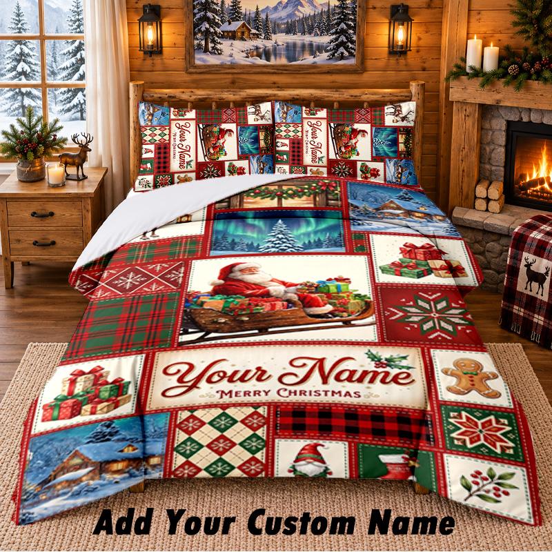 Christmas Custom Name Pattern Bedding 3Pcs Set Bed Sheet Pillowcases Indoor Bedroom Holiday Gift