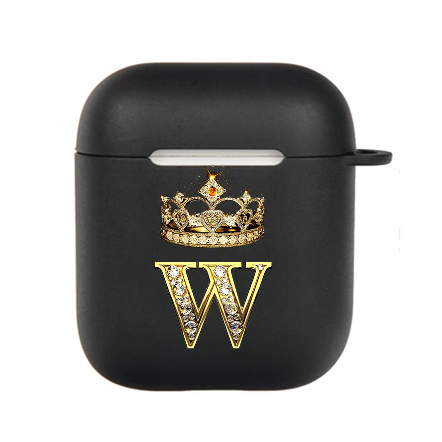 Diamond Crown Letter 26 With Hook Case For AirPods 2 3 1 Cases For Apple AirPods Pro 2 Coque Black TPU Soft Earphone Cover