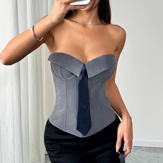 Sexy tílka bez ramene Umělá klopa Kravata Dekor Tílka bez rukávů Zavinovací design Slim Fit Trojrozměrně přizpůsobené dámské topy