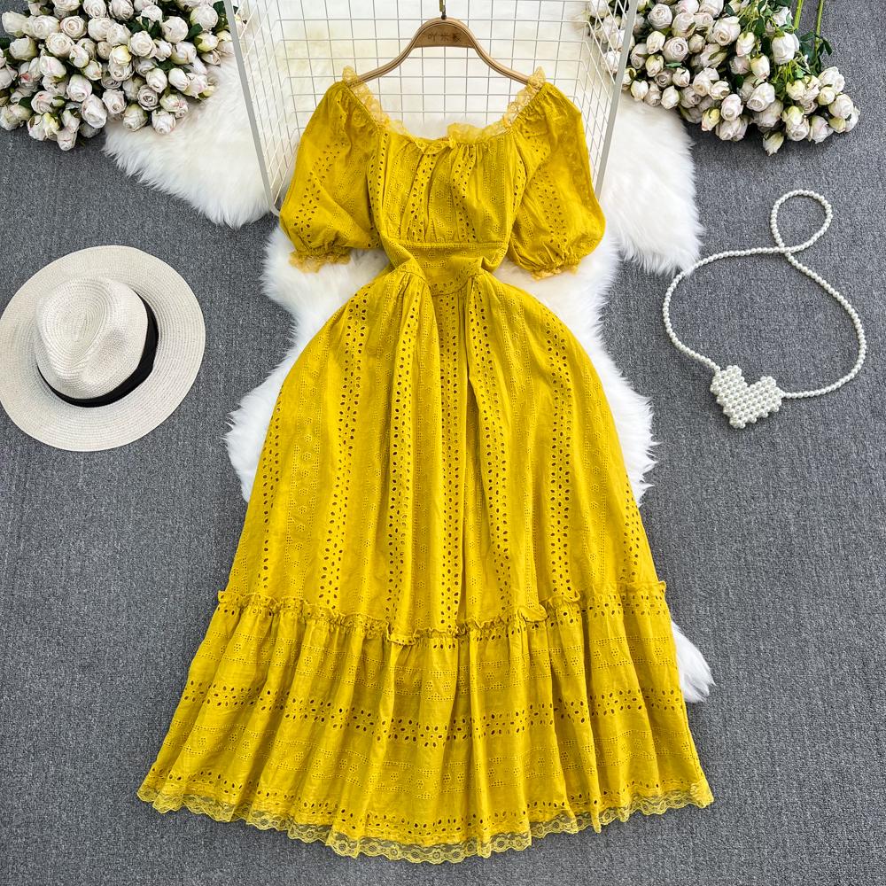 

Летнее женское ажурное кружевное длинное платье винтажное квадратное воротник с короткими пышными рукавами и высокой талией трапециевидной формы для отпуска, пляжное платье, новинка One Size жёлтый