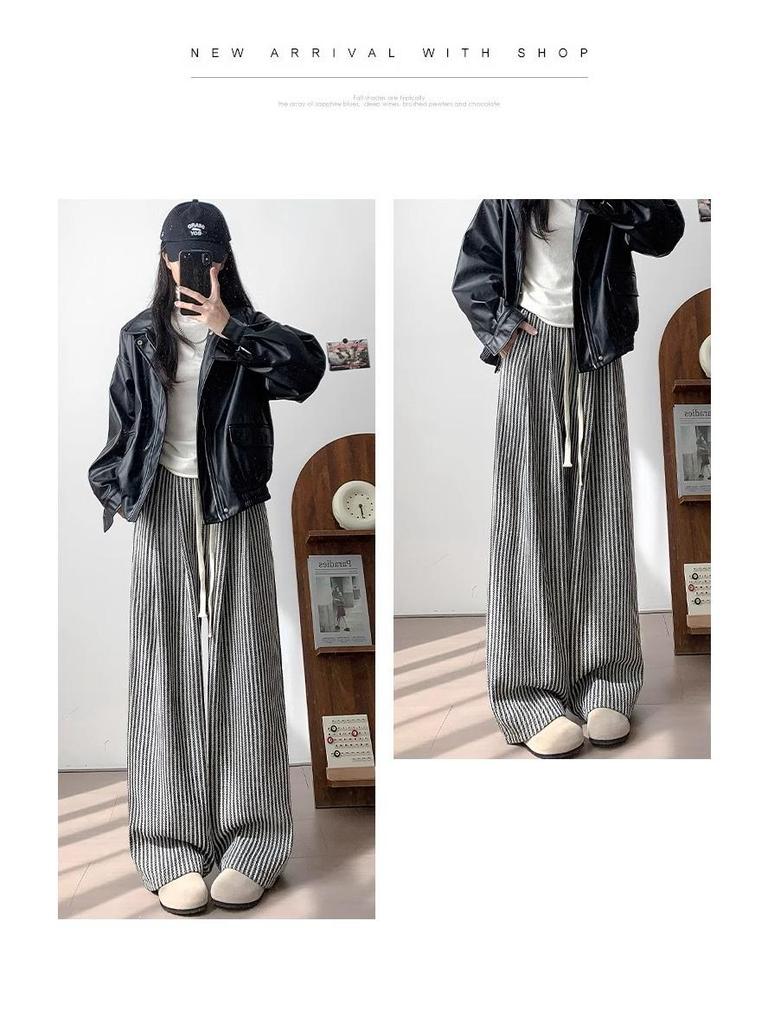 Women's Petite 145cm Black Stripe Wool Wide-Leg Pants - Retro Autumn/Winter Casual Stroll