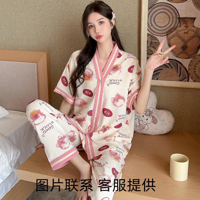 Summer short-sleeved bubble cotton yarn pleated pajamas female Internet celebrities popular trousers loungewear set