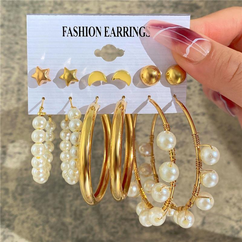 Modyle New Bohemian Female Pearl Earrings Set Punk Vintage Gold Color Geometric Drop Earrings for Women Fashion Jewelry