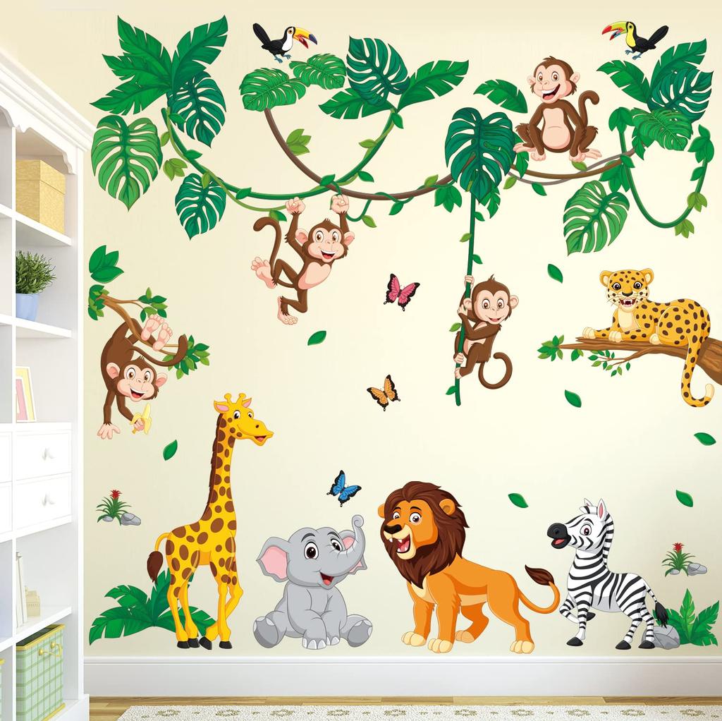 DECOWALL Jungle Animal Cartoon Wall Stickers for Kids Wall Transfer Wall Art Stickers for Bathroom Room Living Nordic Style DS12-8069 Kindergarten,