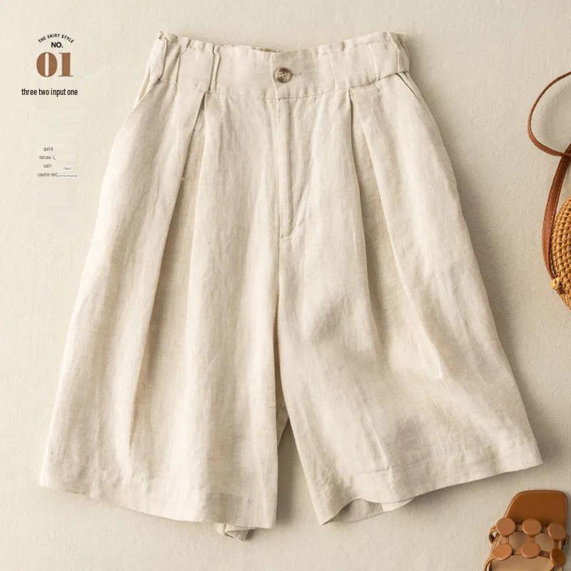 Women's Summer Cotton-Linen Wide-Leg Shorts, Loose Button-Waist, Korean Style, Plus-Size Casual Five-Point Pants
