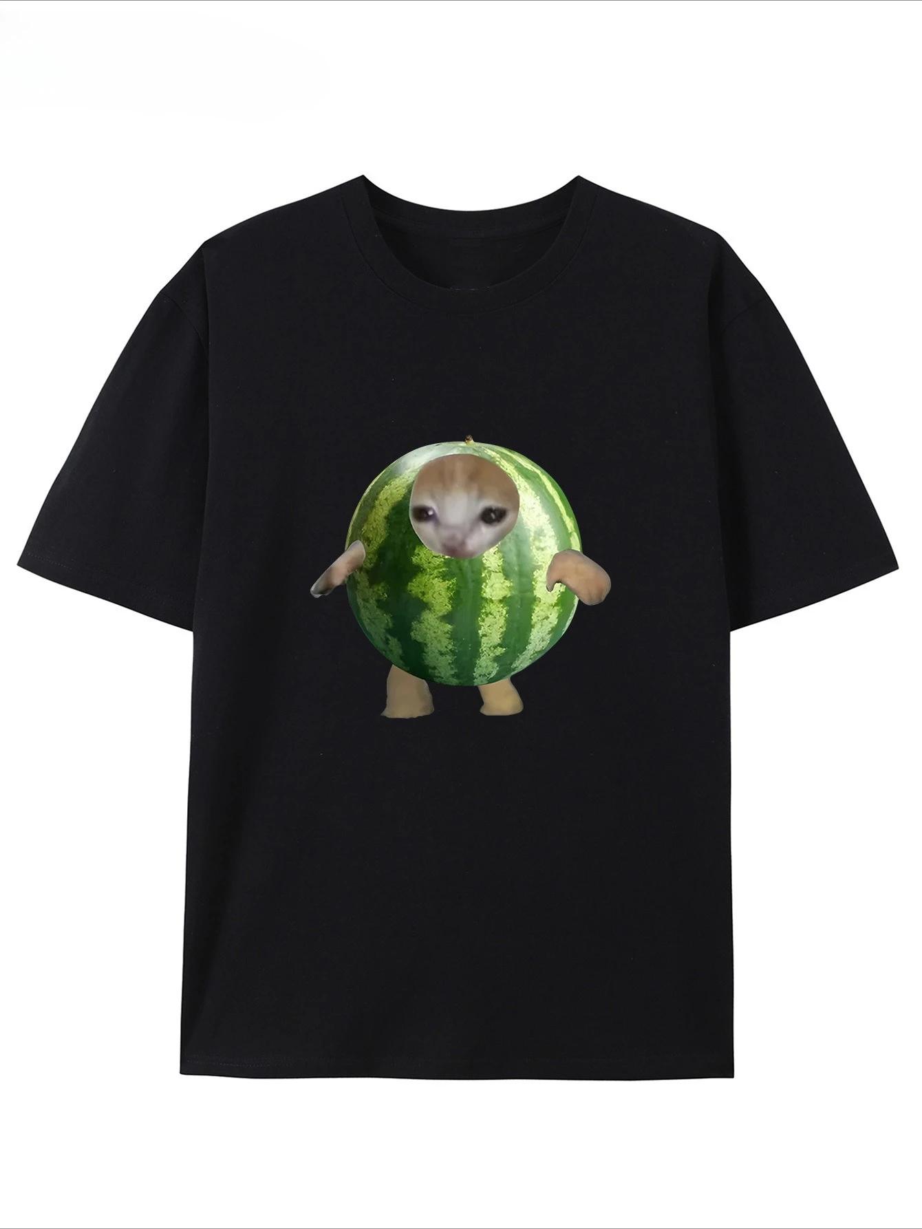 

Women s Casual T-shirt with Cute Watermelon Cat Print Design Short Sleeves, Round Neck Comfortable for Street Wear 3XL