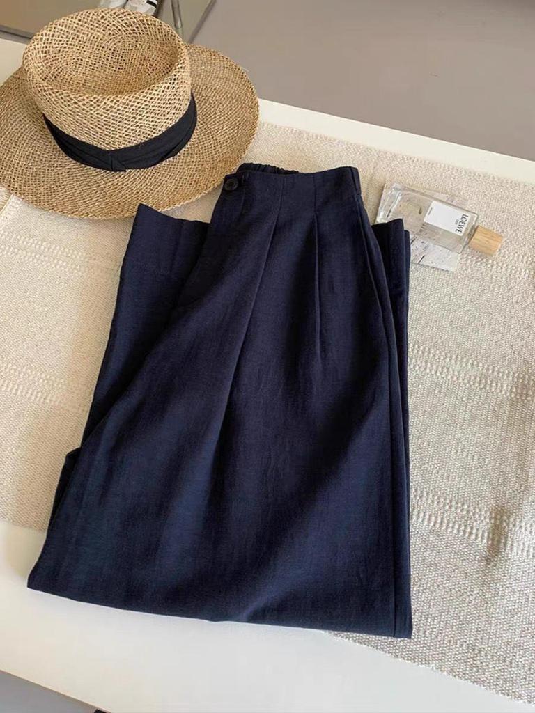 Ultra-Comfy Dark Blue Cotton & Linen Elastic Waist Women's Summer Pants