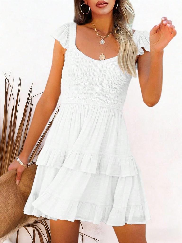 Women's Ruffle A Line Mini Dress Elastic Empire Waist Layered Swing Flowy Summer Dress