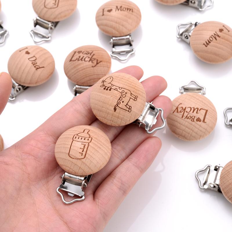 5Pcs 30mm Beech Pacifier Clip Wooden Animal Letter Pattern Pacifier Metal Clips Holder Pacifier Wooden Baby Teether Accessories