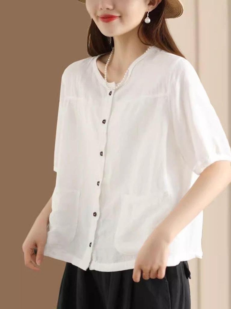 Retro Literary Open-front Cardigan Linen Shirt Summer Pocket Design Women's Casual Ethnic Style Short Sleeve Temperament