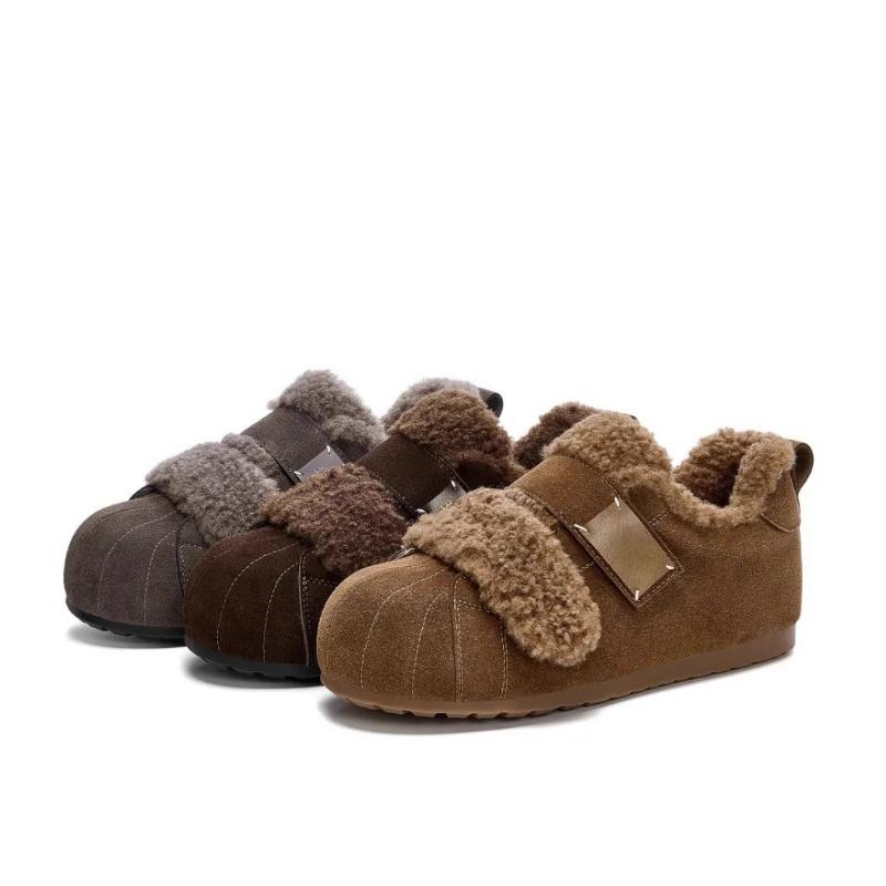 Women Winter Fleece Lined Suede Closed Toe Warm Cotton Shoes With Velcro Closure