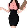 Mini Docking Polo Short Rib Layered Color Block Size [AQUA Marine] Women's Dress, Dress, Collar, Sleeves, Knit, Look, (Pink, M)